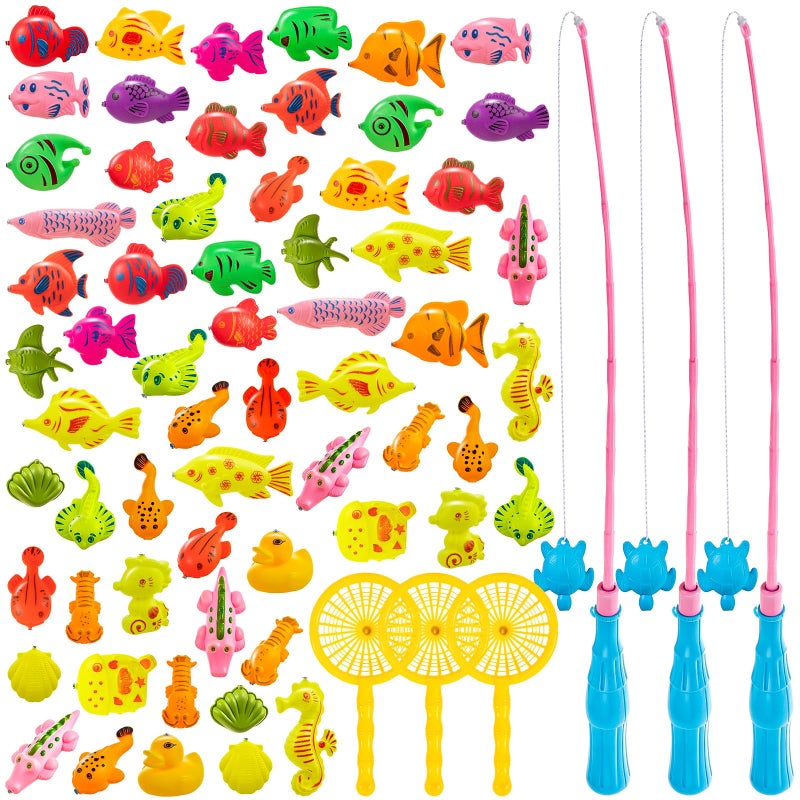 LHSYFBZ 62Pcs Magnetic Fishing Game for Kids Bathtub Kiddie Party Toy Plastic Floating Fish with Pole Rod Net Bath Toys for Kids Ages 48 - Image 3