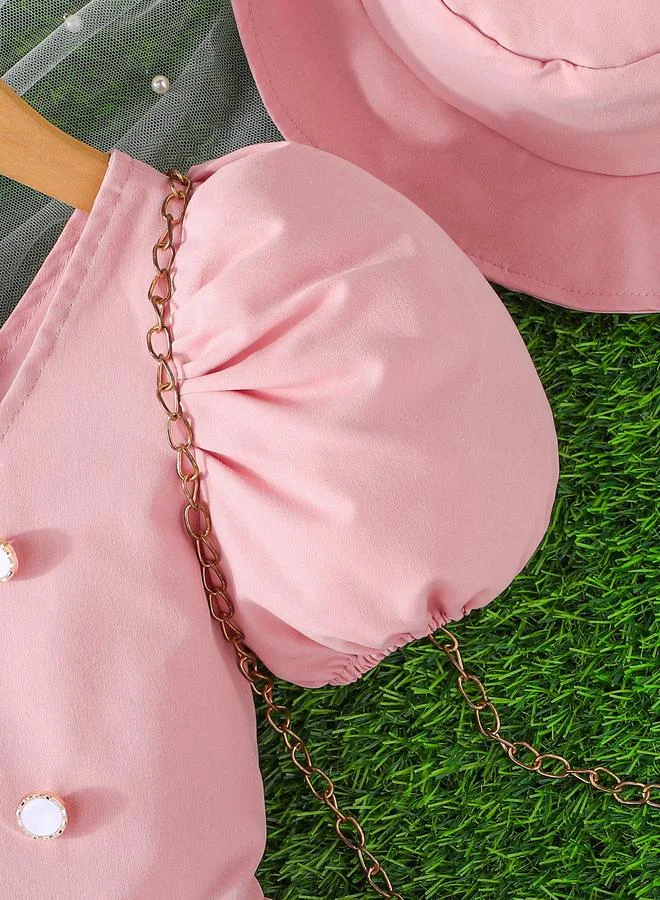 Styli Styli Pink Box Pleated Puff Sleeve Dress with Hat
