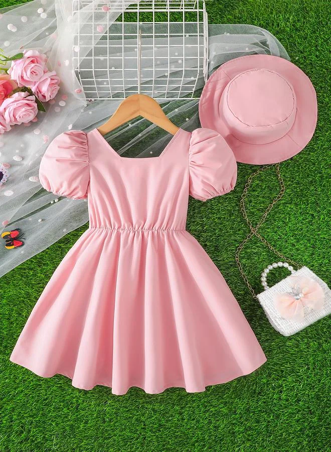 Take Two Take Two Pink Box Pleated Puff Sleeve Dress with Hat