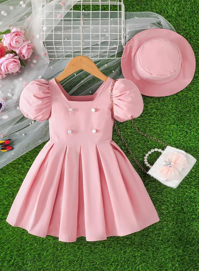 Styli Styli Pink Box Pleated Puff Sleeve Dress with Hat