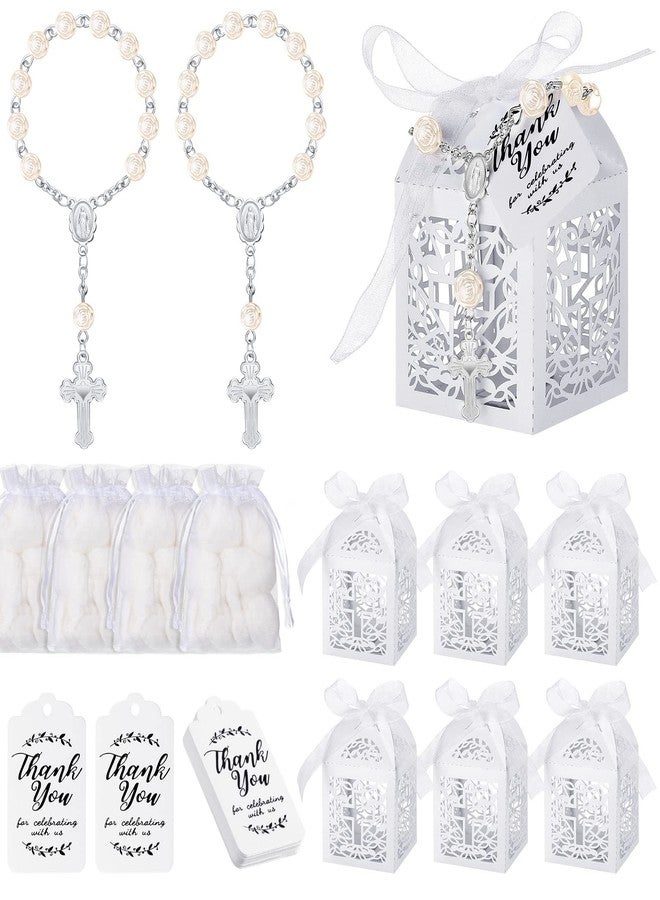 Sureio 100 Pieces Baptism Favors Set Includes 25 Pieces Mini Rosary, Laser Cut Baptism Favor Boxes, White Organza Bags and 25 Pcs Thank You Tags for Bautizo Recuerdos Christening Wedding Party Supplies - Image 1