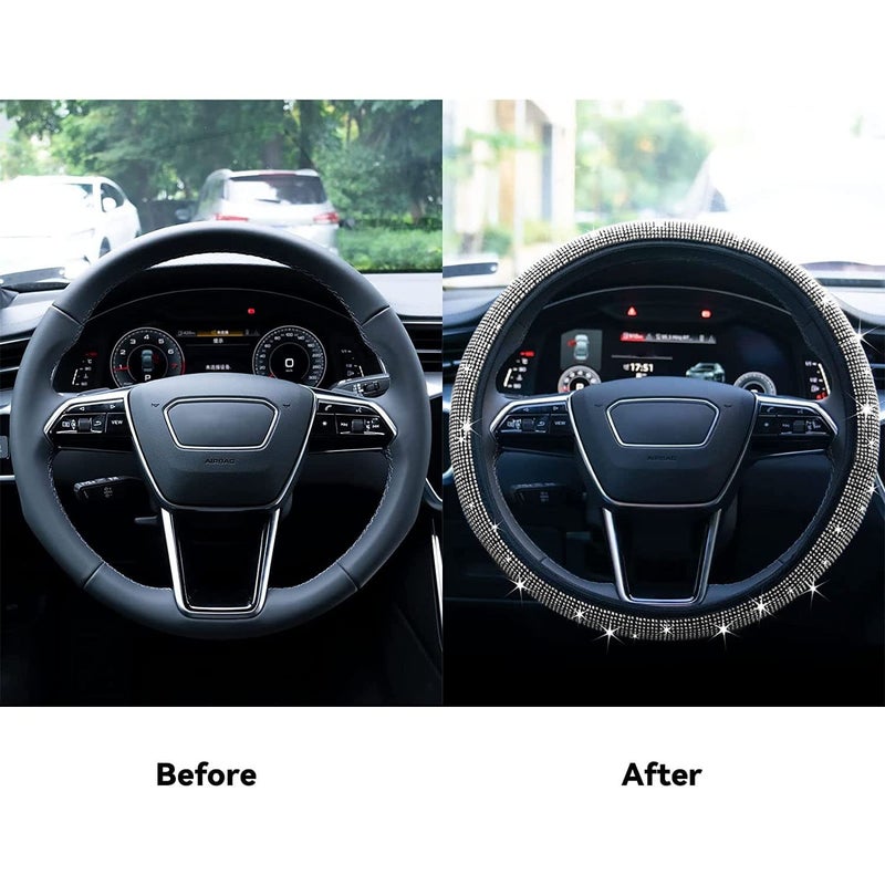 Limsas Bling Rhinestone Steering Wheel Cover with Crystal Diamond for Women, Sparkling Car Wheel Protector Universal Fit 14-15 inches - White - Image 5