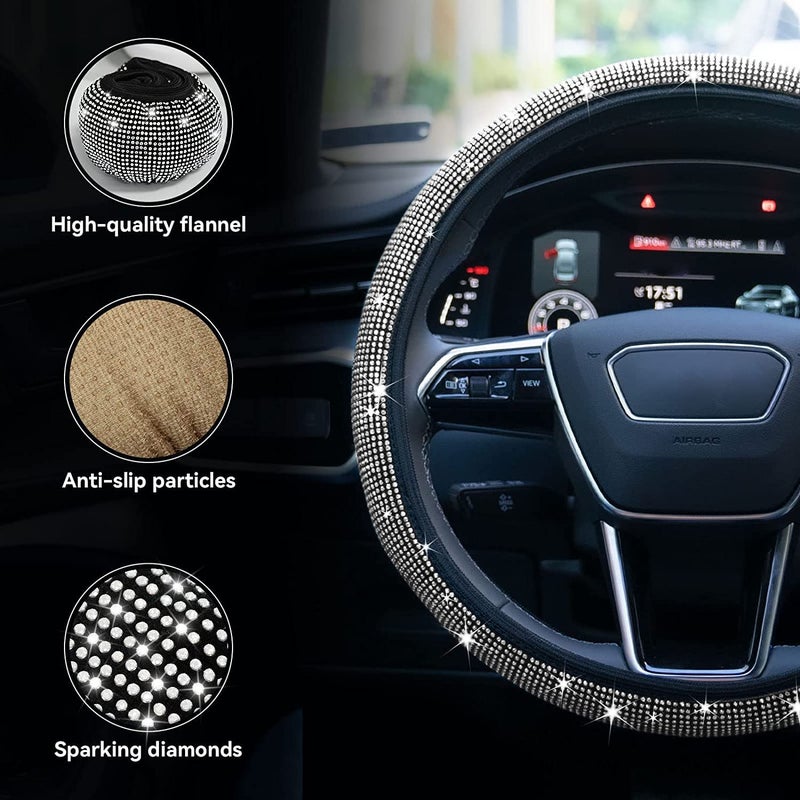 Limsas Bling Rhinestone Steering Wheel Cover with Crystal Diamond for Women, Sparkling Car Wheel Protector Universal Fit 14-15 inches - White - Image 4