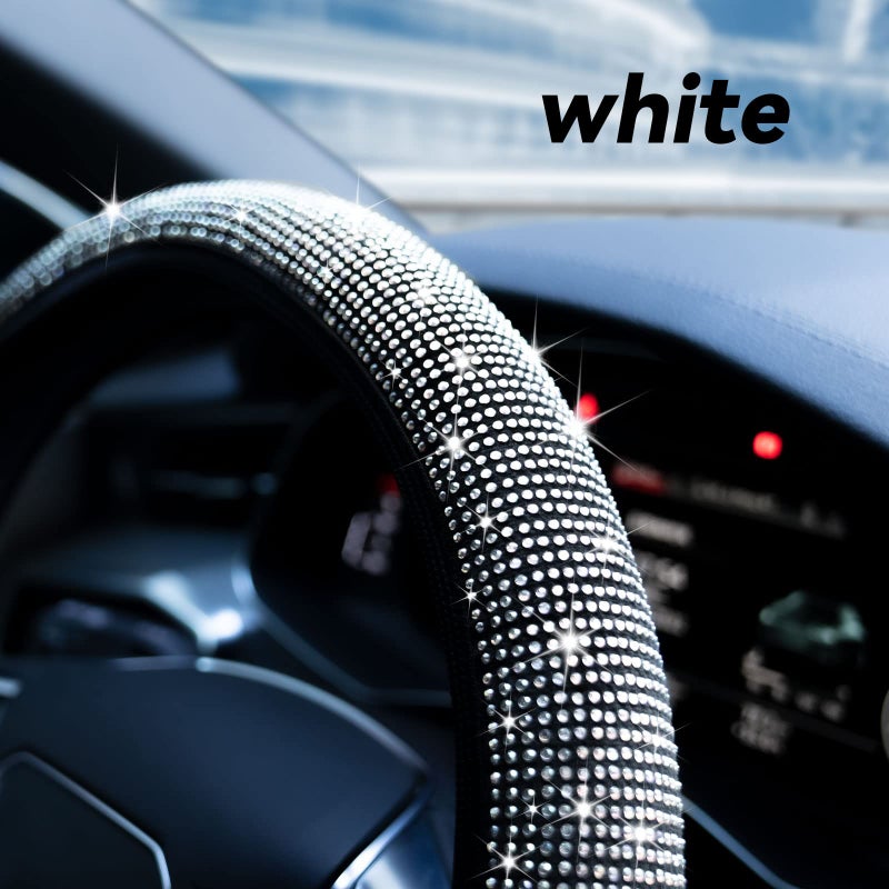 Limsas Bling Rhinestone Steering Wheel Cover with Crystal Diamond for Women, Sparkling Car Wheel Protector Universal Fit 14-15 inches - White - Image 3