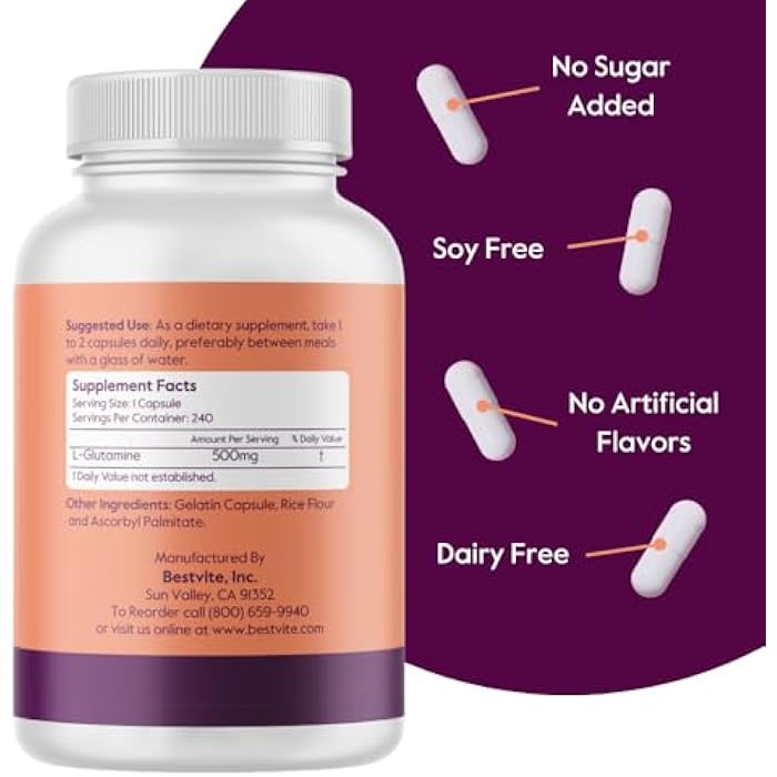 BESTVITE L-Glutamine 500mg per Capsule (240 Capsules) - No Dicalcium Phosphate - No Stearates - Non GMO - Gluten Free - Gut Health Support - Image 2