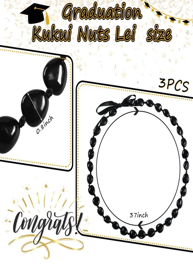 Rtteri 3 Pcs Graduation Kukui Nuts Lei Necklace Chunky Acrylic Hawaiian Leis Necklace with Ribbon Bow Class of 2026 Graduation Gift for Women Men(Simple Black) - Image 2