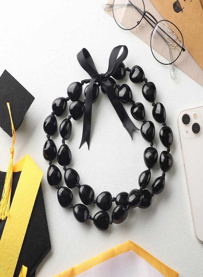 Rtteri 3 Pcs Graduation Kukui Nuts Lei Necklace Chunky Acrylic Hawaiian Leis Necklace with Ribbon Bow Class of 2026 Graduation Gift for Women Men(Simple Black) - Image 3
