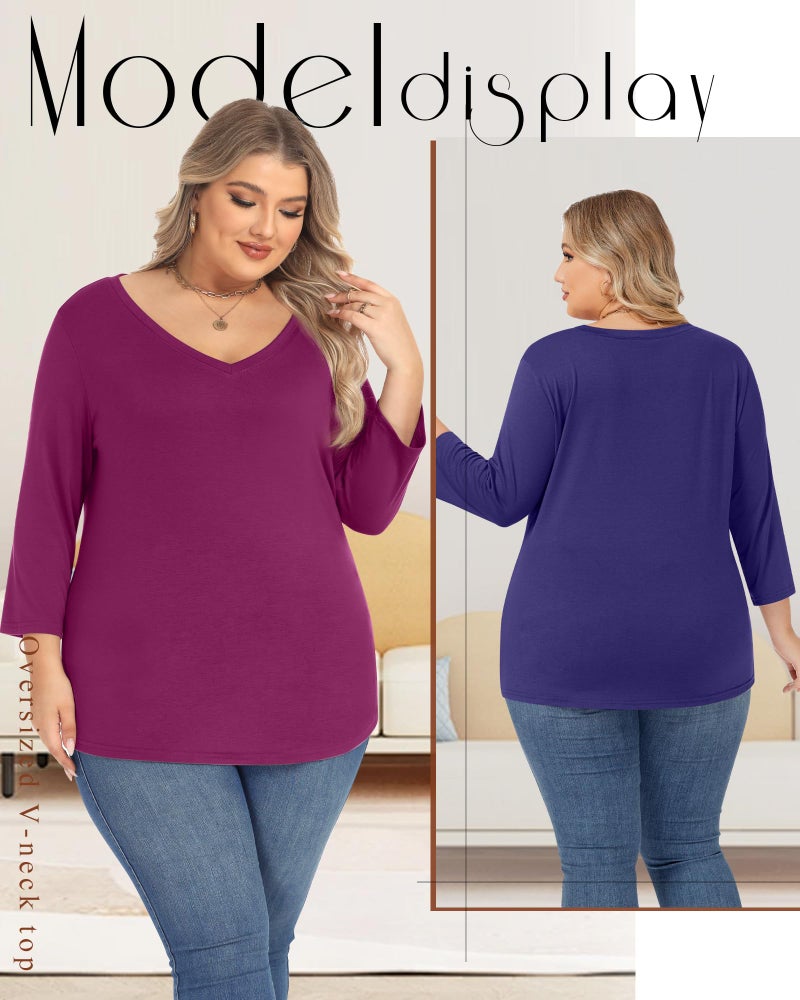 Ficerd 3 Pack Cotton Plus Size 3/4 Sleeve Tops for Women V Neck T-Shirts Casual Loose Fit Trendy Basic Tees Clothes(Fuchsia, Dark Blue, Black,3XL) - Image 3