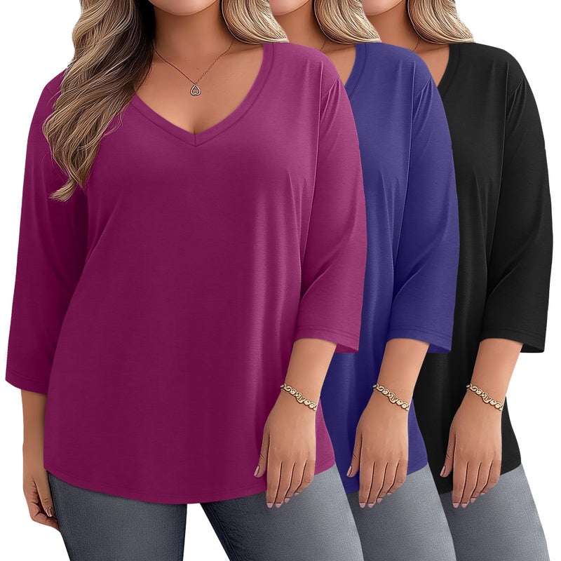 Ficerd 3 Pack Cotton Plus Size 3/4 Sleeve Tops for Women V Neck T-Shirts Casual Loose Fit Trendy Basic Tees Clothes(Fuchsia, Dark Blue, Black,3XL) - Image 1
