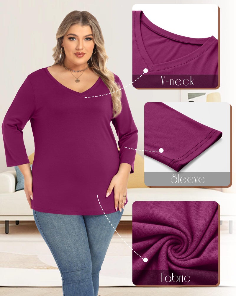 Ficerd 3 Pack Cotton Plus Size 3/4 Sleeve Tops for Women V Neck T-Shirts Casual Loose Fit Trendy Basic Tees Clothes(Fuchsia, Dark Blue, Black,3XL) - Image 5