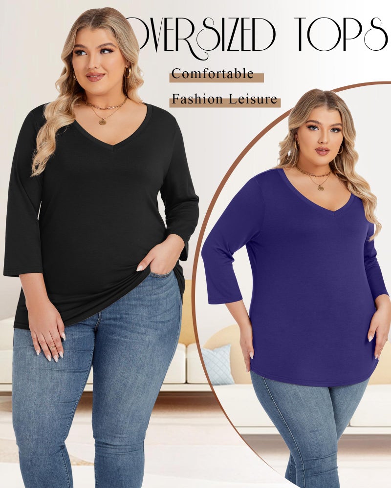 Ficerd 3 Pack Cotton Plus Size 3/4 Sleeve Tops for Women V Neck T-Shirts Casual Loose Fit Trendy Basic Tees Clothes(Fuchsia, Dark Blue, Black,3XL) - Image 4