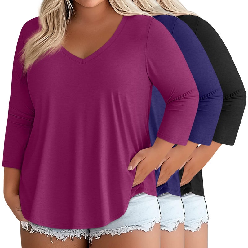 Ficerd 3 Pack Cotton Plus Size 3/4 Sleeve Tops for Women V Neck T-Shirts Casual Loose Fit Trendy Basic Tees Clothes(Fuchsia, Dark Blue, Black,3XL) - Image 2