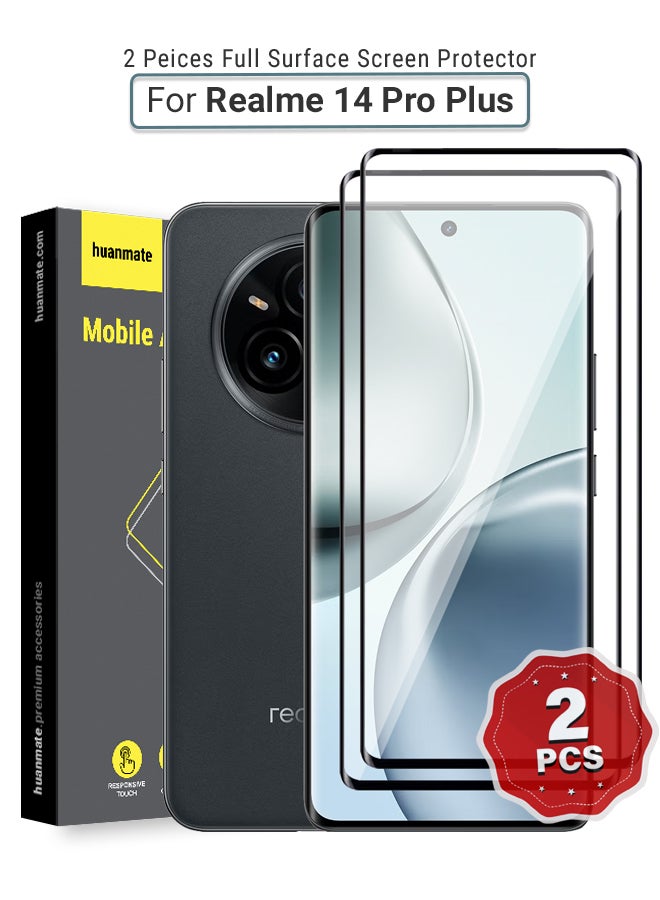 huanmate 2 Pieces Realme 14 Pro Plus Screen Protector – Premium Edge to Edge Tempered Glass, High Transparency, Delicate Touch, Anti-Explosion, Smooth Arc Edges, Easy Installation - Image 1
