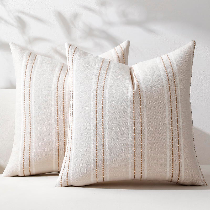 Hckot Throw Pillow Covers 20x20 Set of 2 Tan Pillow Covers Farmhouse Decorative Pillows Textured Linen Square Cushion Covers for Sofa Couch Bed Living Room Decor(Tan) - Image 1