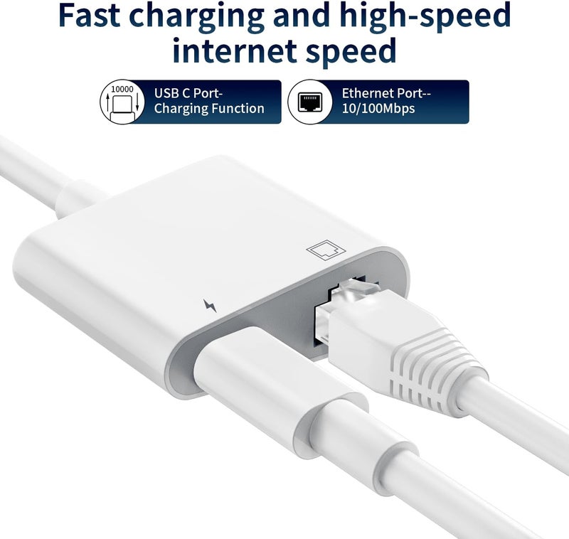 DesofIcon USB C to Ethernet Adapter, RJ45 Ethernet LAN Network Adapter 2 in 1 with USB Type C Charging Port, Compatible with iPhone 15/Tablet/Laptop and USB C Devices, Plug and Play - Image 3