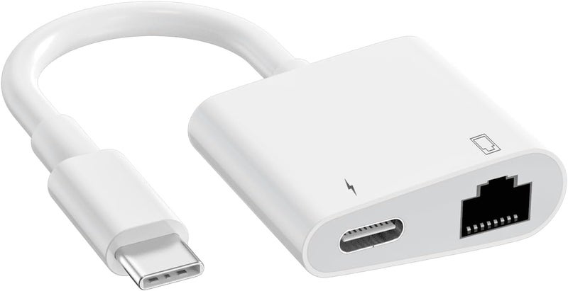 DesofIcon USB C to Ethernet Adapter, RJ45 Ethernet LAN Network Adapter 2 in 1 with USB Type C Charging Port, Compatible with iPhone 15/Tablet/Laptop and USB C Devices, Plug and Play - Image 1