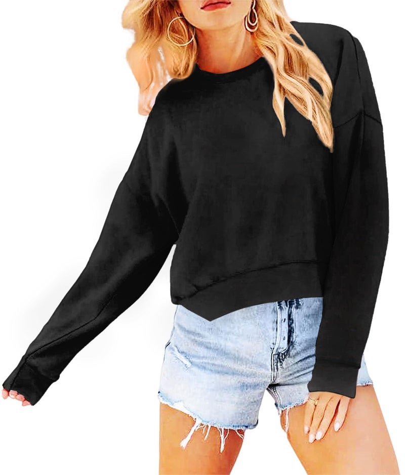 Joywayco Women's Long Sleeve Round Neck Cropped Sweatshirts Comfy Fleece Casual Pullover Tops (Black,Medium,Female,Adult,US,Alpha,Medium,Regular,Regular) - Image 2