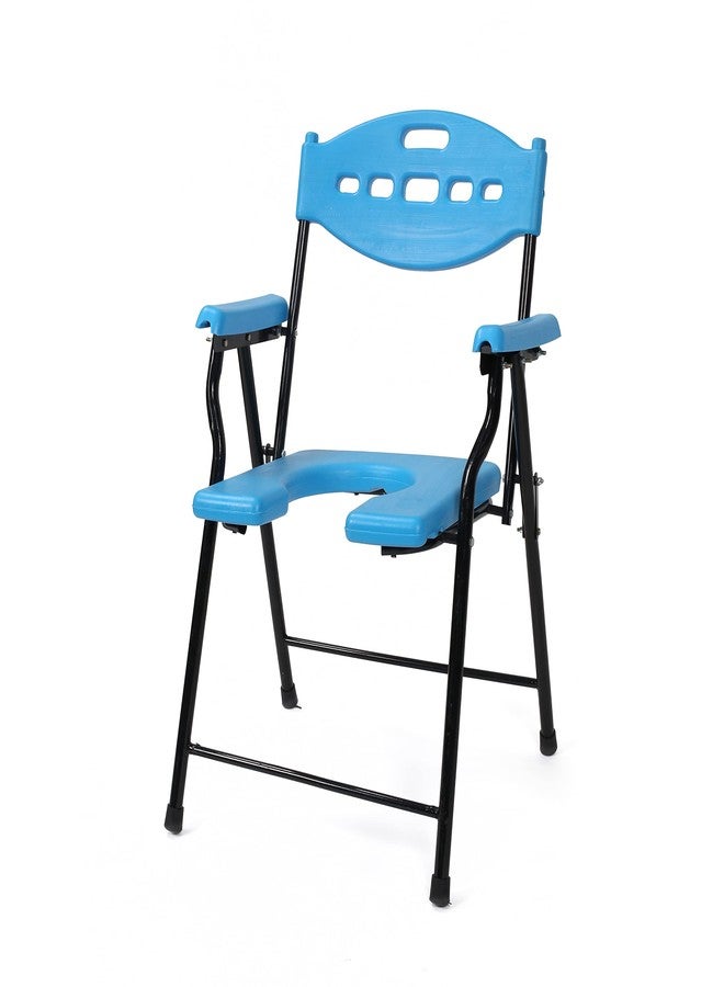PHYSIQO Folding Elderly Disabled Man And Pregnant Woman Stainless Steel Shower And Bathing Room Mobile Commode Chair With Toilet Seat Comfortable Safe Toliet Stool Anti-Skid (Blue) - Image 4