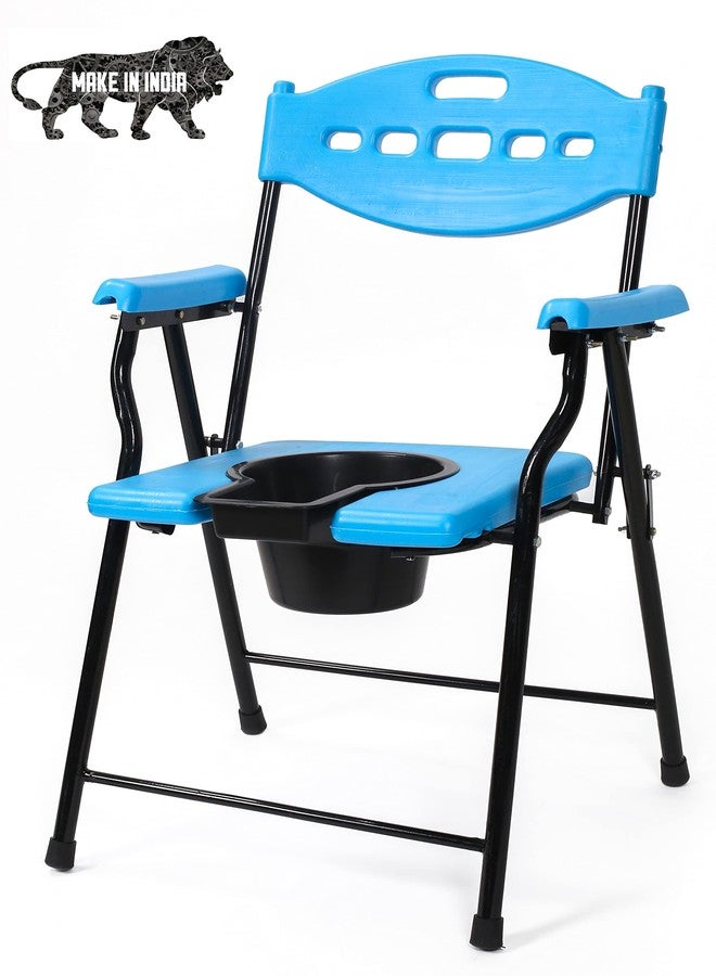 PHYSIQO Folding Elderly Disabled Man And Pregnant Woman Stainless Steel Shower And Bathing Room Mobile Commode Chair With Toilet Seat Comfortable Safe Toliet Stool Anti-Skid (Blue) - Image 1