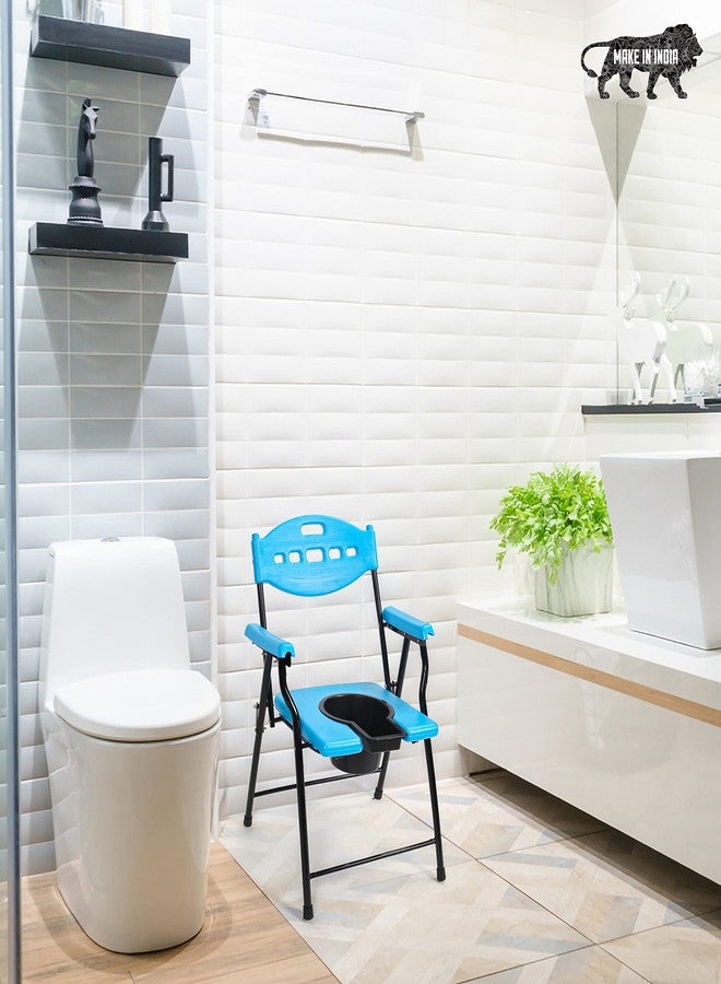 PHYSIQO Folding Elderly Disabled Man And Pregnant Woman Stainless Steel Shower And Bathing Room Mobile Commode Chair With Toilet Seat Comfortable Safe Toliet Stool Anti-Skid (Blue) - Image 2