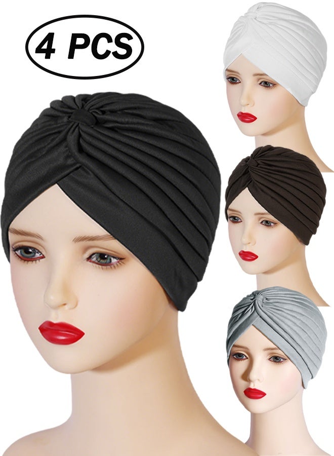 4 PCS Stretchy Beanie Turbans, Knot Headwrap Women's Fashion Turbans Soft Cotton Stretchy Elastic Hair Towel Beanie Pre-Tied Bonnet Headwraps for Women Children Multicolour - Image 1