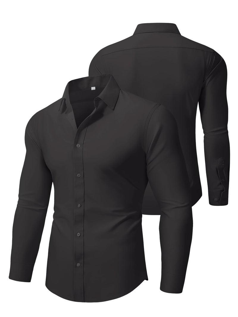 PLEPAN Men's Black Muscle Fit Stretch Dress Shirt Stain Proof Wrinkle-Free Long Sleeve Button Down Casual Shirts Black L - Image 3