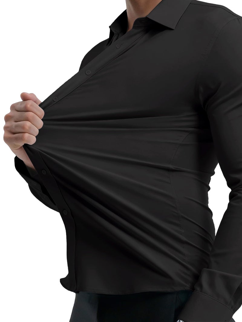 PLEPAN Men's Black Muscle Fit Stretch Dress Shirt Stain Proof Wrinkle-Free Long Sleeve Button Down Casual Shirts Black L - Image 4