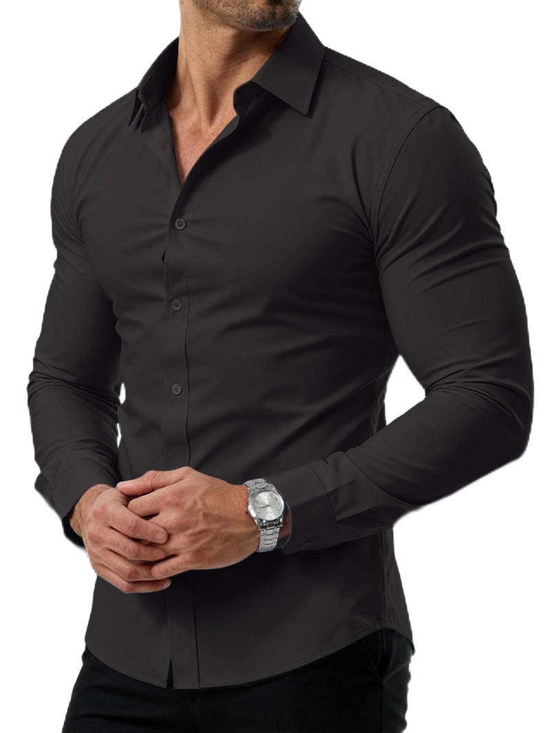 PLEPAN Men's Black Muscle Fit Stretch Dress Shirt Stain Proof Wrinkle-Free Long Sleeve Button Down Casual Shirts Black L - Image 1