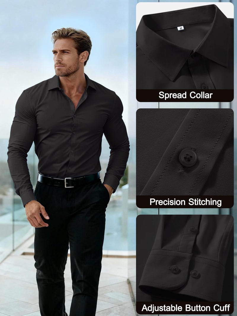PLEPAN Men's Black Muscle Fit Stretch Dress Shirt Stain Proof Wrinkle-Free Long Sleeve Button Down Casual Shirts Black L - Image 5