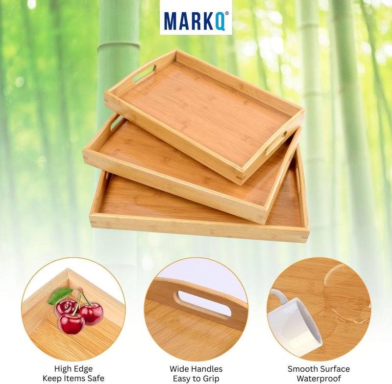 MARKQ طقم صينية تقديم خشبية من الخيزران 3 أحجام - صينية مستطيلة بمقابض للإفطار، الوجبات الخفيفة، صينية السرير، استخدام الحفلات 3 قطع، متينة وخفيفة الوزن - صغيرة - Image 3