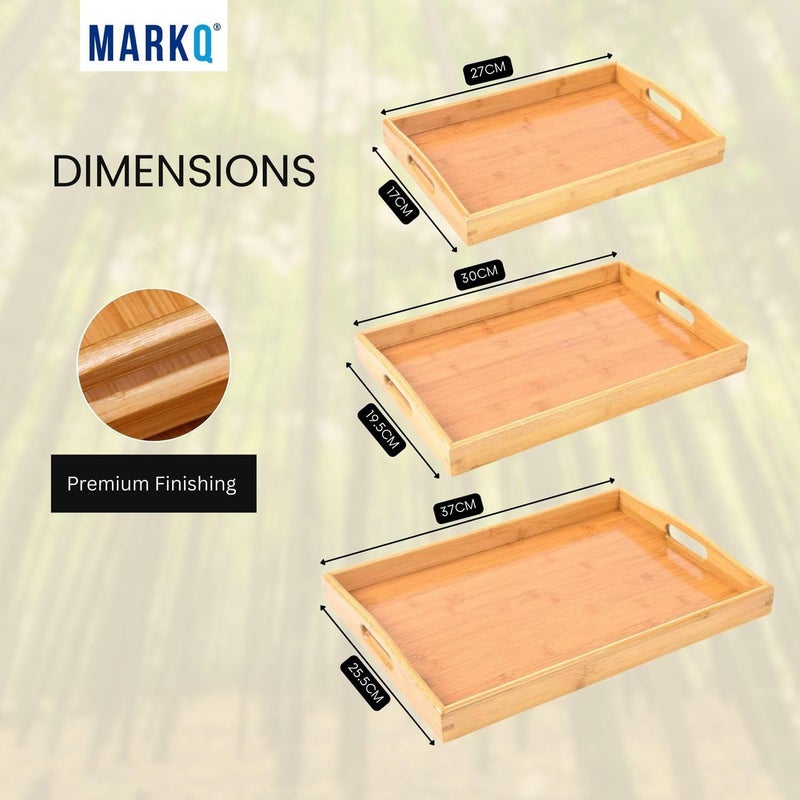 MARKQ طقم صينية تقديم خشبية من الخيزران 3 أحجام - صينية مستطيلة بمقابض للإفطار، الوجبات الخفيفة، صينية السرير، استخدام الحفلات 3 قطع، متينة وخفيفة الوزن - صغيرة - Image 2