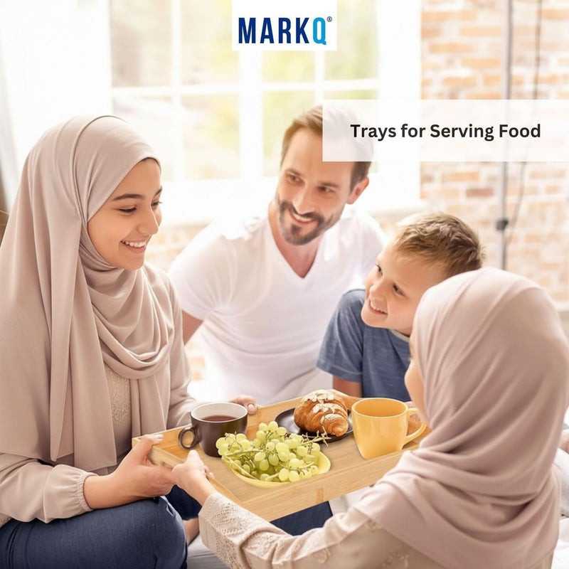 MARKQ طقم صينية تقديم خشبية من الخيزران 3 أحجام - صينية مستطيلة بمقابض للإفطار، الوجبات الخفيفة، صينية السرير، استخدام الحفلات 3 قطع، متينة وخفيفة الوزن - صغيرة - Image 5