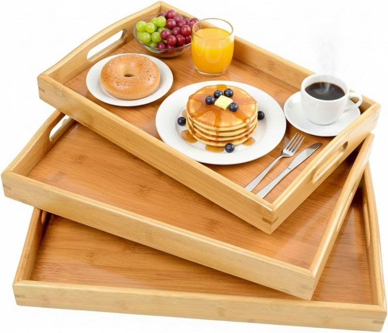 MARKQ طقم صينية تقديم خشبية من الخيزران 3 أحجام - صينية مستطيلة بمقابض للإفطار، الوجبات الخفيفة، صينية السرير، استخدام الحفلات 3 قطع، متينة وخفيفة الوزن - صغيرة - Image 1