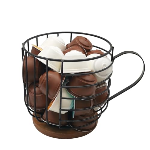 MFBJXC Large Capacity Wire Kup Storage with Wooden Base Mug Shape Wire Storage Basket for Home Cafe Bar Countertop Kitchen Decor Storage Accessories Black - Image 3