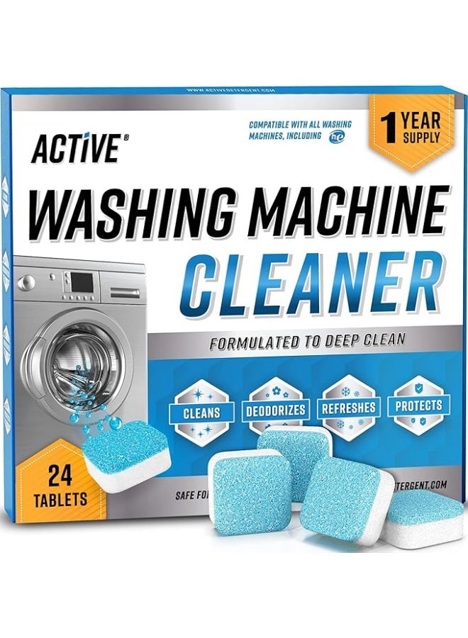 آكتف منظف ​​ومزيل الترسبات من الغسالات، عبوة من 24 قرصًا - أقراص تنظيف عميق للغسالات ذات التحميل الأمامي والعلوي، آمنة وصديقة للبيئة، مزيل للروائح، تنظف الجزء الداخلي من حوض الغسيل وسدادة حوض الغسيل، تكفي لمدة 12 شهرًا