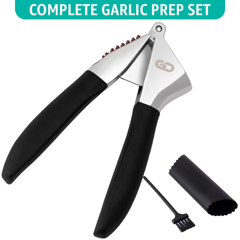 Global Digitronix Garlic Press Set â€“ Heavy Duty Rust-Resistant Garlic Crusher & Mincer with Ergonomic Handles, Easy Squeeze Manual Garlic Press, Cleaning Brush & Silicone Peeler, Large Chamber Kitchen Tool - Image 2