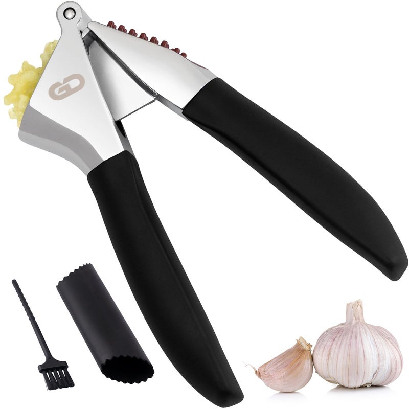 Global Digitronix Garlic Press Set â€“ Heavy Duty Rust-Resistant Garlic Crusher & Mincer with Ergonomic Handles, Easy Squeeze Manual Garlic Press, Cleaning Brush & Silicone Peeler, Large Chamber Kitchen Tool - Image 1