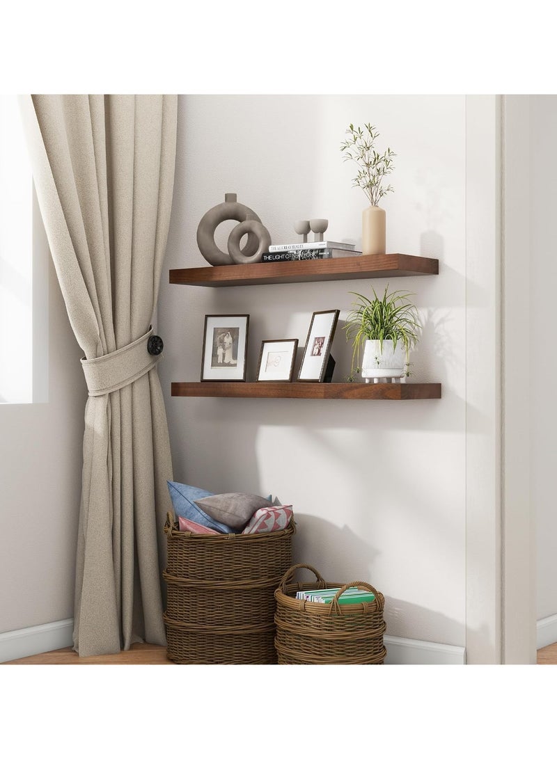 Floating Shelves 15.7" for Wall, Rustic Wood Floating Shelves for Wall, Set of 2, 30" Tall Wood Wall Shelves for Living Room, Bedroom, Bathroom, Home Office - Walnut - Image 1