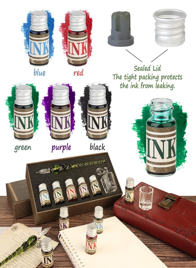 mancola Glass Dipped Pen Ink Set Handmade Crystal Calligraphy Pen with 5 Colorful India Ink,1 Pen Holder,1 Cleaning Cup Ink Drip Tool Signatures, Drawing, Decoration, Calligraphy Kits for Beginners - Image 4