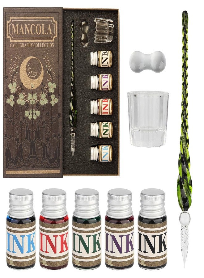 mancola Glass Dipped Pen Ink Set Handmade Crystal Calligraphy Pen with 5 Colorful India Ink,1 Pen Holder,1 Cleaning Cup Ink Drip Tool Signatures, Drawing, Decoration, Calligraphy Kits for Beginners - Image 1