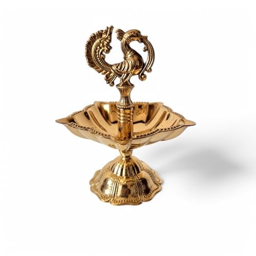 RAISOM Brass Peacock Design Diya | Height : 4 Inch | Panchmukhi Oil Lamp | Kutthu Vilakku Deep | Intricately Carved Peacock Design | Home and Office Temple | Festive Gifting | Weight : 150 Grams - Image 1
