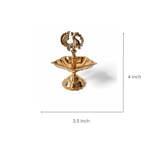 RAISOM Brass Peacock Design Diya | Height : 4 Inch | Panchmukhi Oil Lamp | Kutthu Vilakku Deep | Intricately Carved Peacock Design | Home and Office Temple | Festive Gifting | Weight : 150 Grams - Image 2