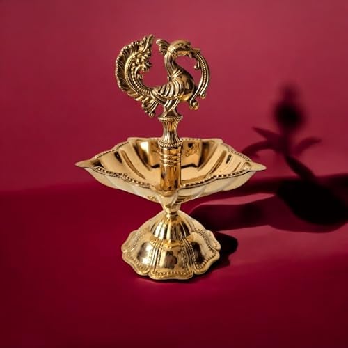 RAISOM Brass Peacock Design Diya | Height : 4 Inch | Panchmukhi Oil Lamp | Kutthu Vilakku Deep | Intricately Carved Peacock Design | Home and Office Temple | Festive Gifting | Weight : 150 Grams - Image 3
