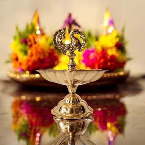 RAISOM Brass Peacock Design Diya | Height : 4 Inch | Panchmukhi Oil Lamp | Kutthu Vilakku Deep | Intricately Carved Peacock Design | Home and Office Temple | Festive Gifting | Weight : 150 Grams - Image 4