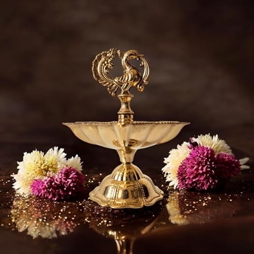 RAISOM Brass Peacock Design Diya | Height : 4 Inch | Panchmukhi Oil Lamp | Kutthu Vilakku Deep | Intricately Carved Peacock Design | Home and Office Temple | Festive Gifting | Weight : 150 Grams - Image 5
