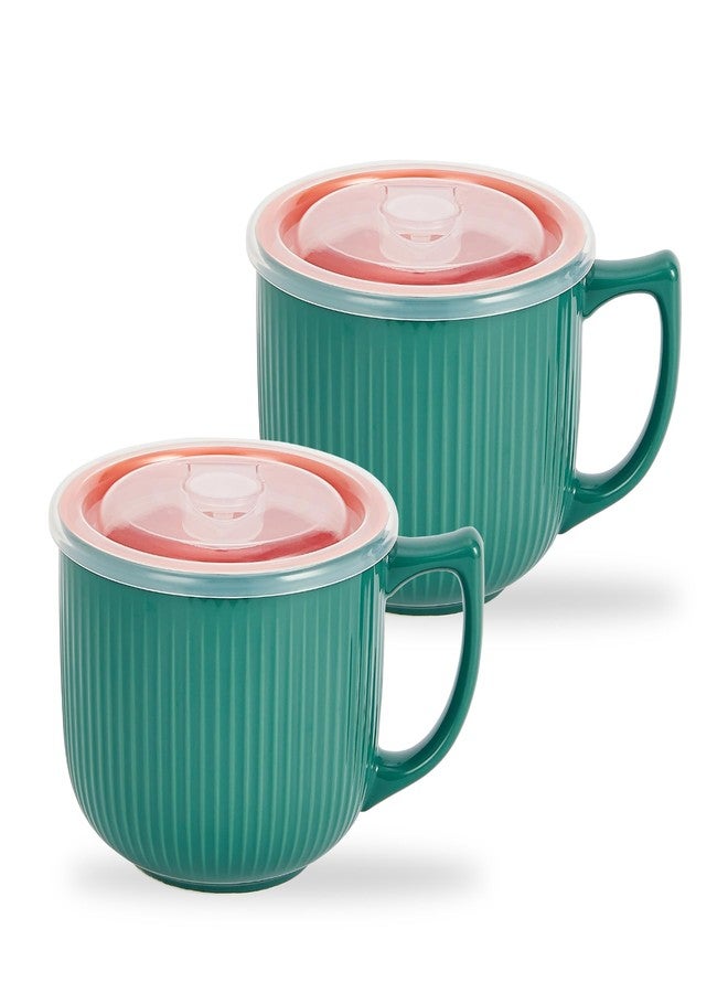 Hoilse Ceramic Soup Bowls with Handle and Vented Lid, 32oz Large Deep Soup Mug with lid, Cereal Bowl for Breakfast, Ramen Bowl with Lid Set of 2 Microwave Safe, Dishwasher Safe (Green) - Image 1