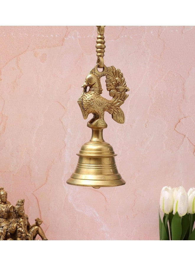 APKO Vintage Brass Temple Bell with Peacock On Chain, Brass Temple Decor Bell, Brass Hanging Bells for Home Mandir Temple Living Room Decoration Pooja | Door Hanging Bell, Height 23 inches - Image 1