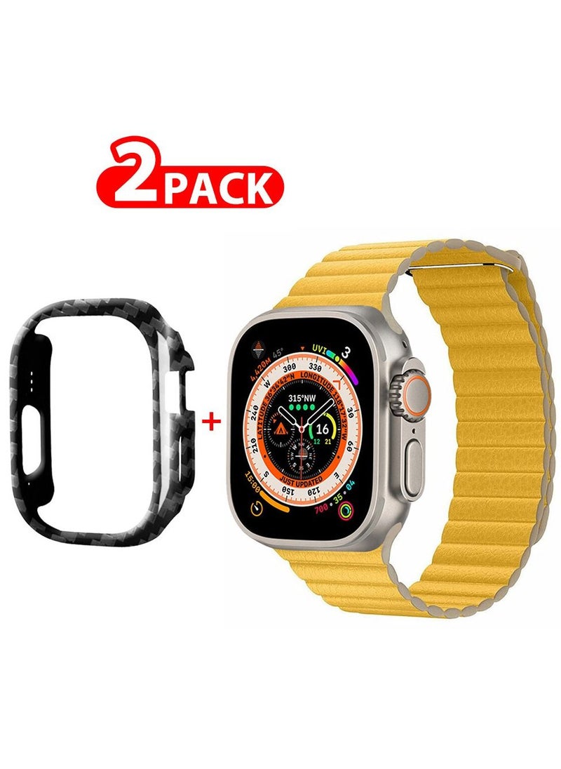 CATANES - 2 Packs For Apple Watch Band 49mm Leather Loop Band Magnetic Watch Strap Wristband and Carbon Fiber Cup Holder Yellow - Image 1