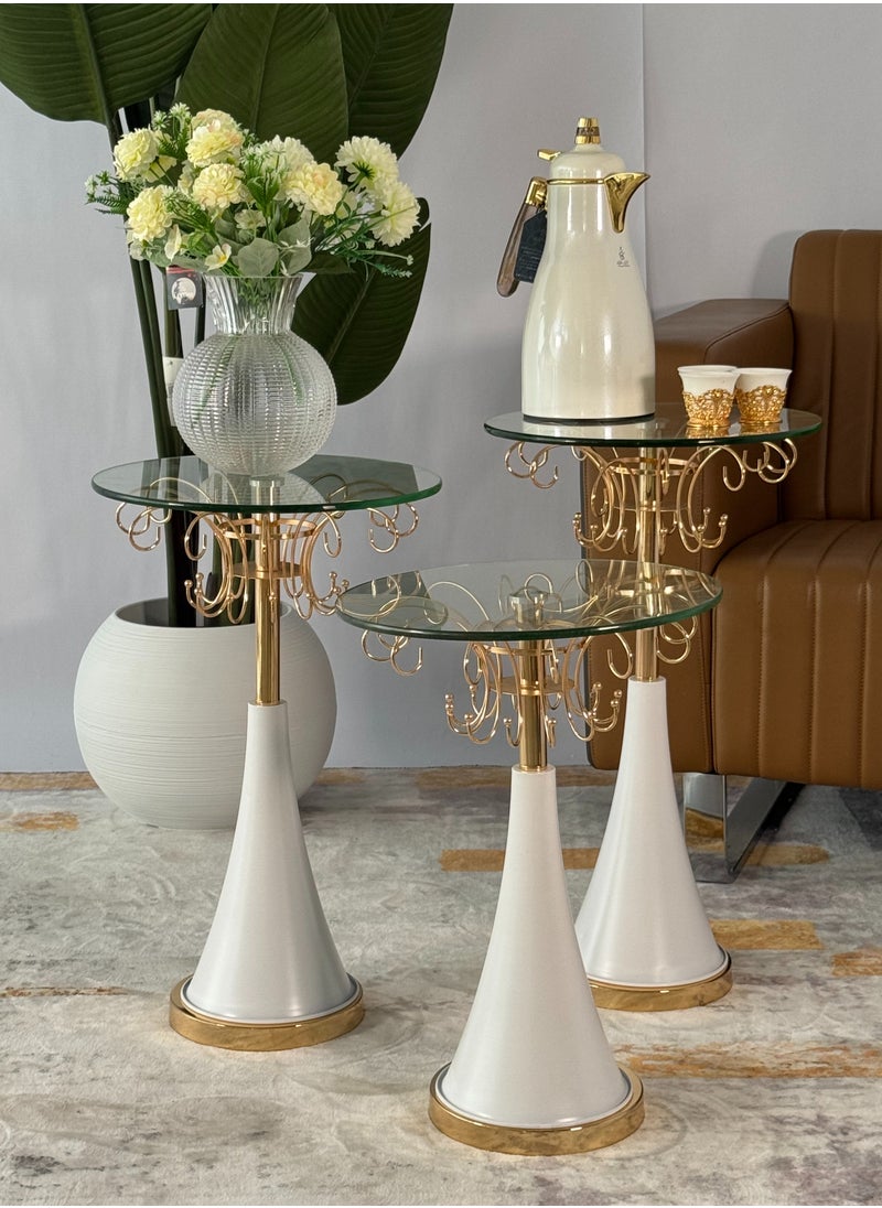 Living - A set of 3-piece glass service tables with a white steel base - Image 1