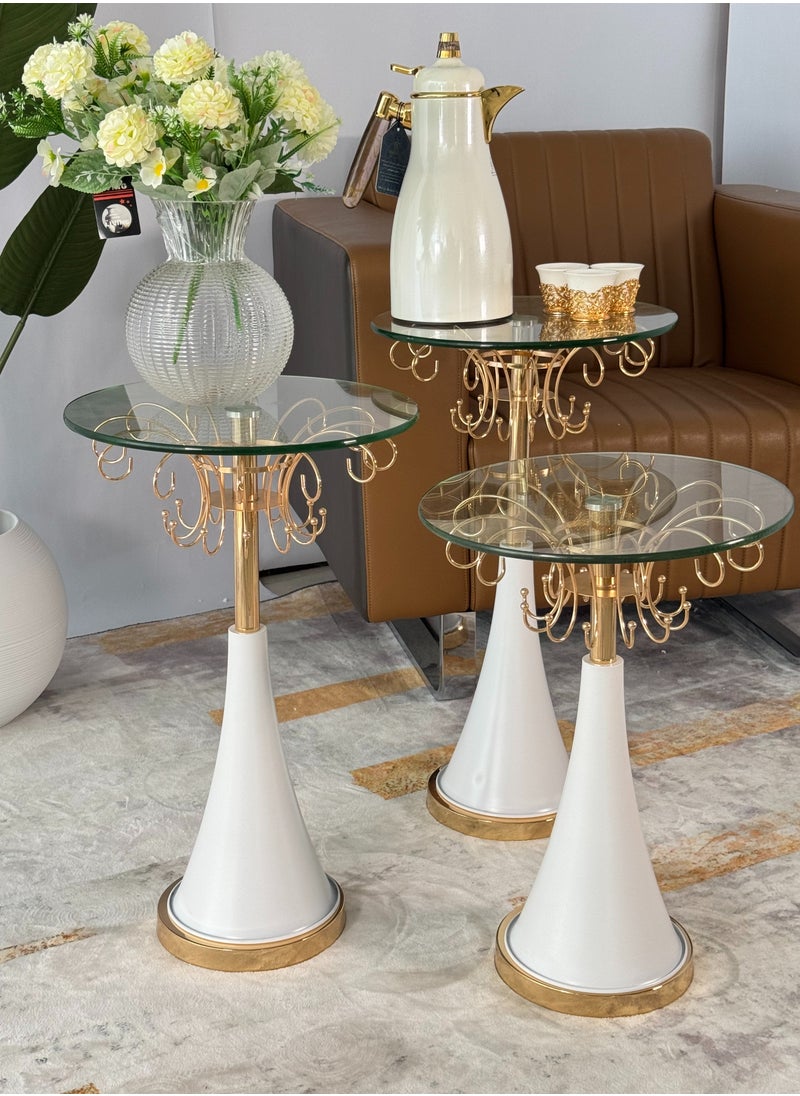 Living - A set of 3-piece glass service tables with a white steel base - Image 1